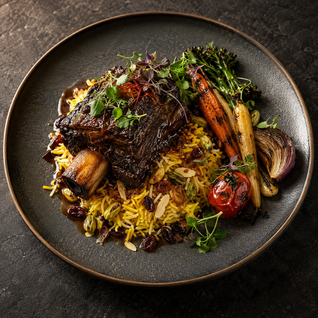 Signature slow cooked beef with saffron polao